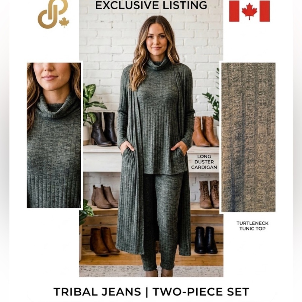 Tribal Jeans Two-Piece Long Ribbed Duster Cardigan & Turtleneck Set